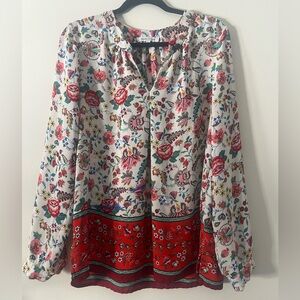 Rose & Olive Multicolor Floral Blouse with Red Accents